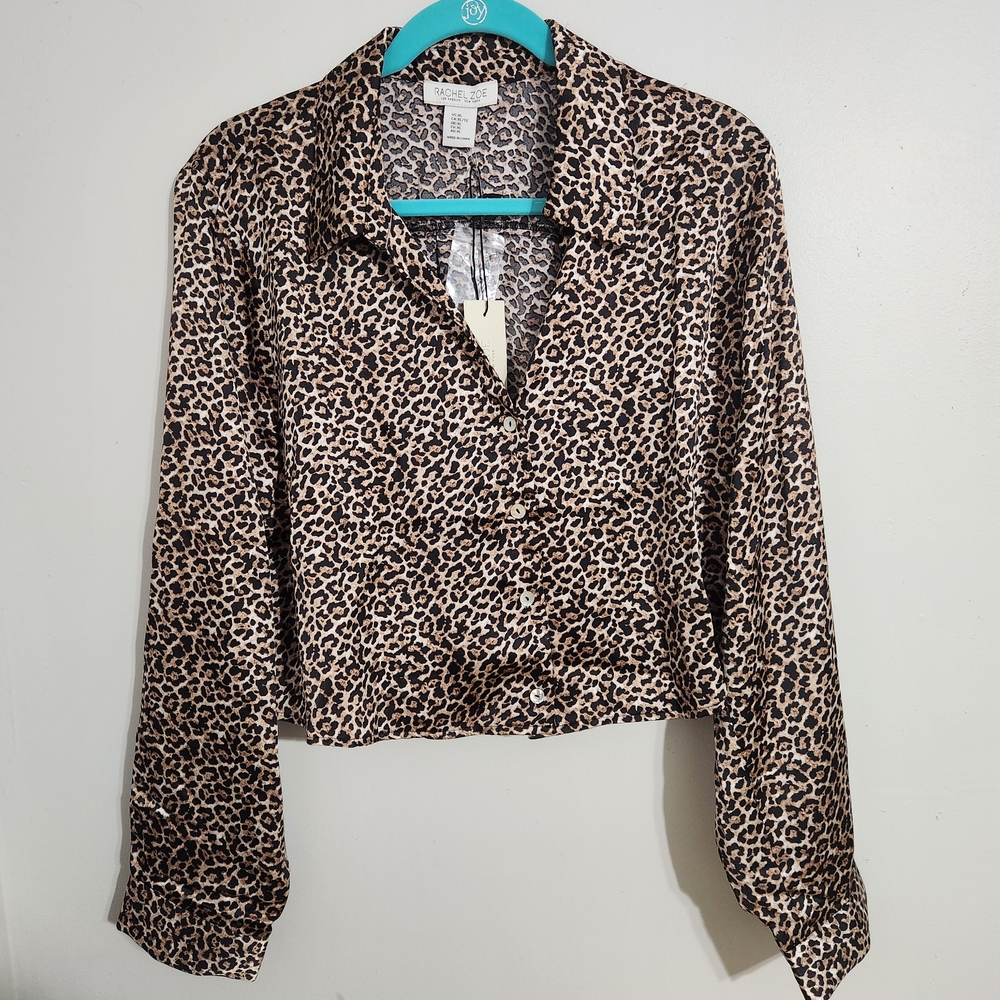 Rachel Zoe Cropped Animal Print Long-Sleeved Button-Down Shirt XL like new
